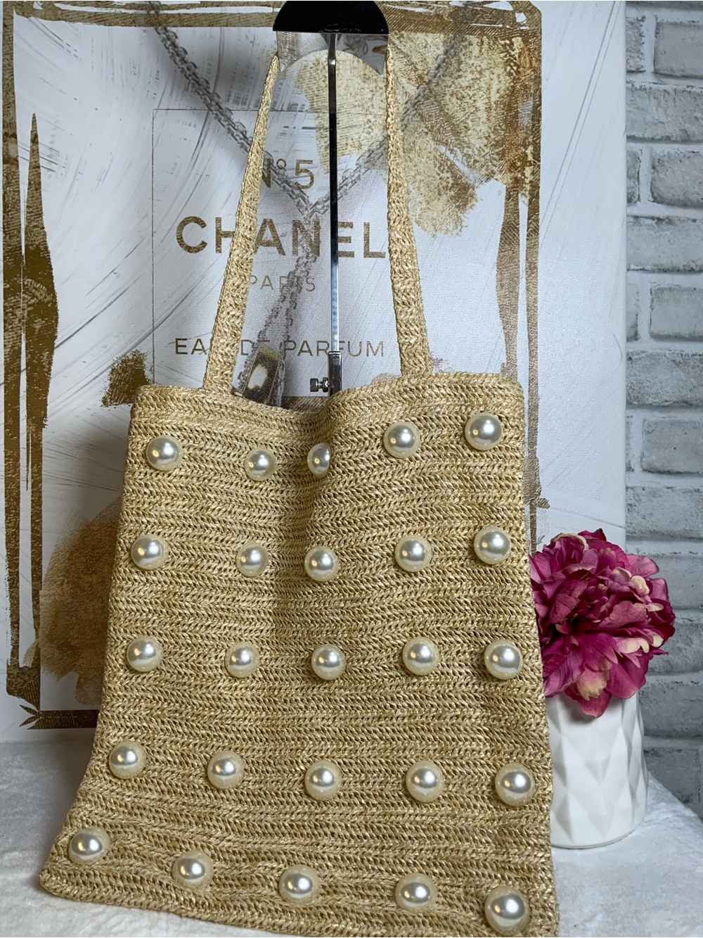 Pearl-Embellished Straw Tote in Natural Beige